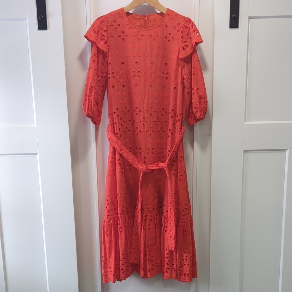 Elegant Red Orange Eyelet Midi Dress with Waist Tie Size Medium